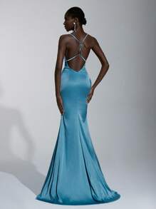 Elitara 优雅橄榄绿色缎面露背细肩带高腰修身性感珍珠装饰连衣裙，适合约会、度假、派对、婚礼、毕业典礼、伴娘 - 綠色 - 查看 1