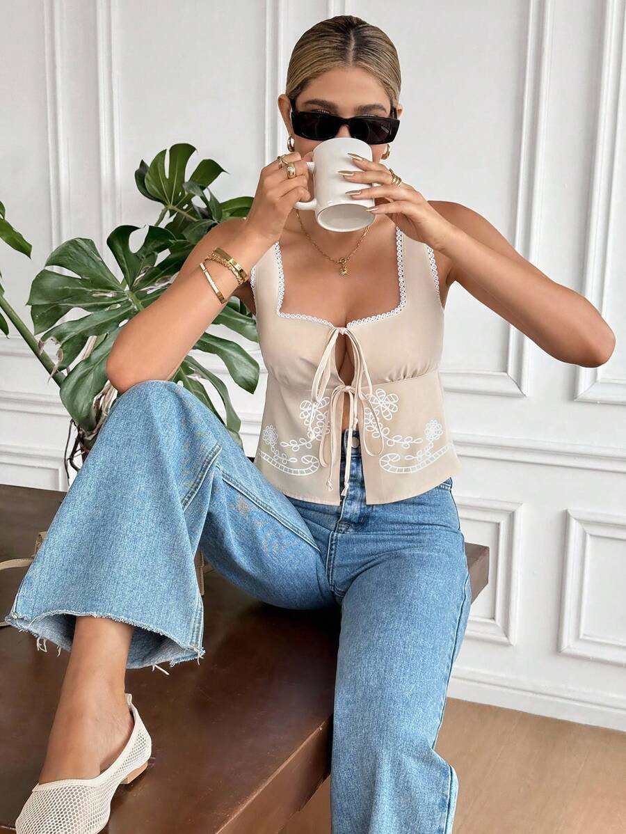 SHEIN Frenchy Women's Square Collar Lace Neckline Floral Print Tie Front Tank Top,Beige Summer Boho Brunch Holiday,French Casual Daily Wear,Business Office,Fall - Apricot - View 1