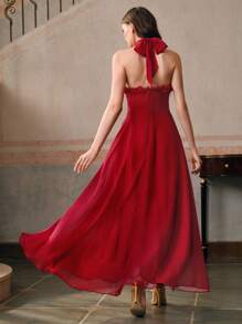 Anewsta 性感派对交叉领口荷叶边下摆露背紧身连衣裙 - 紅色 - 查看 2