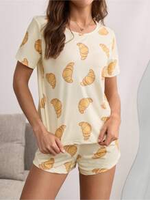 SHEIN Bộ 2 quần short tay ngắn in họa tiết bánh sừng bò hoạt hình dễ thương cho bé gái - Màu be - Xem 7