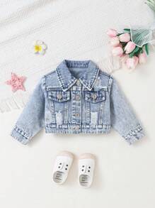 Elladie kids Baby Girls' Casual Distressed Denim Long Sleeve Jacket, Soft And Comfortable Daily Wear, Fashionable Style, Spring/Autumn Fall Winter - Light Wash - View 3