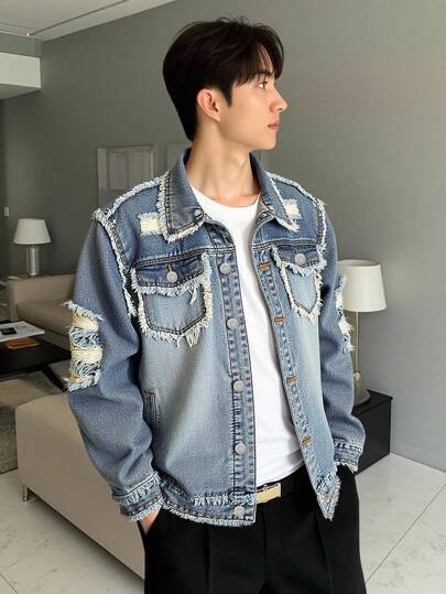 Teen Boy Vintage Distressed Light Wash Denim Jacket Casual Street Fashion Urban All-Match, Ripped Jean Jacket, Chic For Autumn/Winter Fall