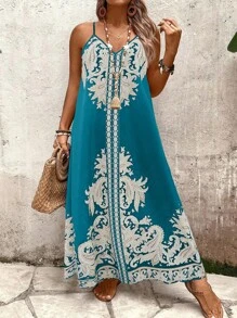 EMERY ROSE Đầm midi rộng rãi, thường ngày, không tay, cỡ lớn dành cho nữ, họa tiết hoa cỡ lớn, thích hợp mặc hàng ngày và ngày lễ - Màu xanh ngọc - Xem 5