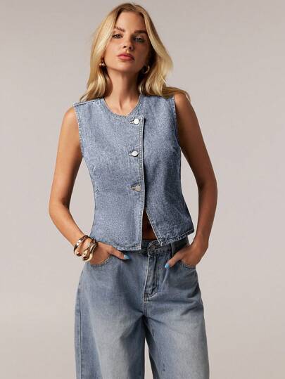 SHEIN Forever 21 夏季新款中蓝色水洗无袖休闲度假牛仔背心女款