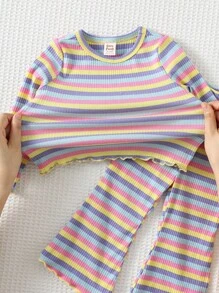 Cozy Pixies Baby Girls 2pcs Set Bow Decor Colorful Striped Round Neck Short Sleeve Crop Top And Flare Pants Baby Girl Striped Outfit Rainbow Baby Outfit Toddler Striped Two Piece Set Baby Bell Bottom Outfit Knit Toddler Set