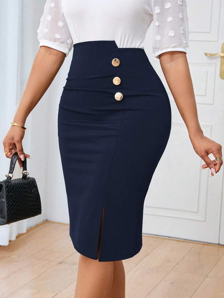 Lunelith SHEIN Lunessa Women's Commuter Minimalist Asymmetrical High Collar Button Decor Ruffle Slim Fit Pencil Skirt Office Skirt - Navy Blue - View 1