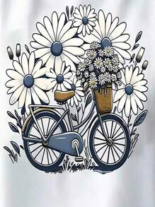 INAWLY Summer Casual Flower Bicycle Print Stand Collar T-Shirt - White - View 3