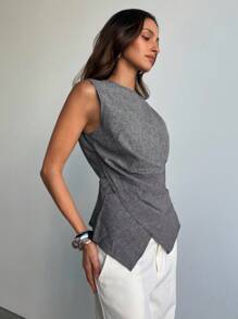 Aloruh Women's Old Money Style Elegant Commuter Slim Fit Criss-Cross Waist Solid Gray Blouse,Women Work/Office Business Casual Woman,Office,Work Women,Back To School Teacher - Light Grey - View 5