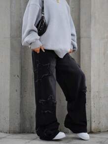 SAYEHFBABY 女款饶舌歌手运动休闲 Grunge 星形图案洗水牛仔裤 - 黑色 - 查看 4