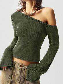 Bohemela Lässiges Strick-T-Shirt für Frauen mit einfarbigem Schalkragen, Glockenärmeln und tailliertem, verkürztem Schnitt