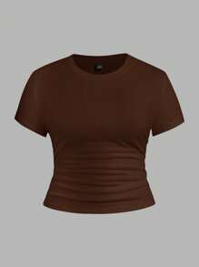 SHEIN EZwear 3 件套加大码纯色黑色、深棕色、杏色修身 T 恤，休闲