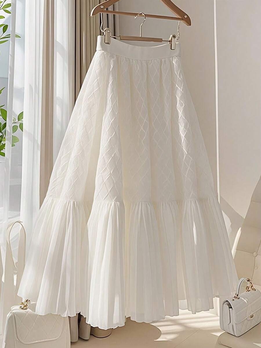 Franclia 女士时尚优雅通勤百搭雪纺拼接A字褶裥半身裙，适合夏季穿着，白色波西米亚风半身裙，田园风半身裙，白色优雅半身裙，全白服装，适合大学秋季穿着，女士面料 - 白色 - 查看 1