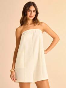 CAJUNI 女士白色半透明亚麻纹理无肩带连体裤，带口袋，休闲度假的理想之选。连体裤，女士连体裤，女士背带裤，纯色连体裤，白色女士连体裤，亚麻裤，女士亚麻裤。 - 白色 - 查看 1