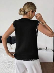 SHEIN Frenchy Gilet tricoté à col rond décontracté pour femmes, avec couture contrastée. Pull tricoté, convient pour les déplacements quotidiens. Superposition pour l'automne, nouvelles arrivées pour l'automne et l'hiver, pour le port quotidien et la superposition, retour à l'école, automne femmes, hauts mignons, hauts de sortie femmes, femmes old money, tenue décontractée femmes, toutes saisons - Noir et Blanc - Voir 7