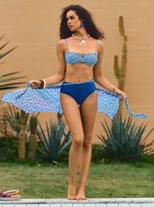 The White Lotus Swim Vcay 3pcs/Set Summer New Random Print Fashion Bikini Swimsuit & Beach Cover Up Skirt Set - Blue - View 1