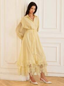 GENKIRA Solid Color Lace Patchwork See-Through Effect Shirt-Style Dress With Tied Waist And Long Sleeves For Women - Yellow - View 5