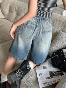 SHEIN 千禧年少女休闲朋克复古纯色水洗低腰破洞牛仔长裤，适合日常出行、户外、居家、早午餐、下午茶、通勤、机场穿着，秋季返校季必备。 - 中等水洗藍 - 查看 5