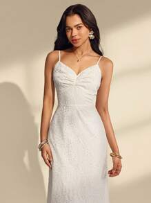 Almamuse 女士夏季休闲度假纯色雪纺胸前荷叶边褶饰下摆吊带连衣裙白色孔眼连衣裙波西米亚风白色连衣裙新娘送礼会礼服白色长裙 - 白色 - 查看 7