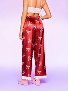 Notgurli Women's Bow & Polka Dot Print Contrast Lace Pajama Pants, Loungewear Bottom - Burgundy - View 2