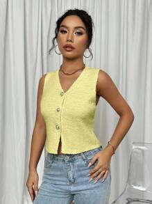 Elenzga 2024年新款欧式性感深V无袖修身针织毛衣背心上衣 - 黃色 - 查看 3
