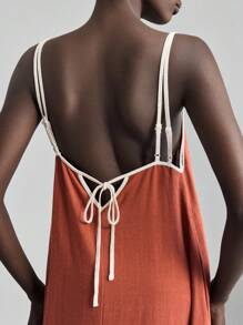 Ontre 女士亚麻色波西米亚连衣裙，细肩带露背简约优雅度假连衣裙，休闲连衣裙，夏威夷风格，秋季 - 棕色 - 查看 3