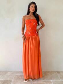 Aloruh Vestido de verano elegante sin tirantes de parches de lentejuelas naranja - Naranja - Ver 9