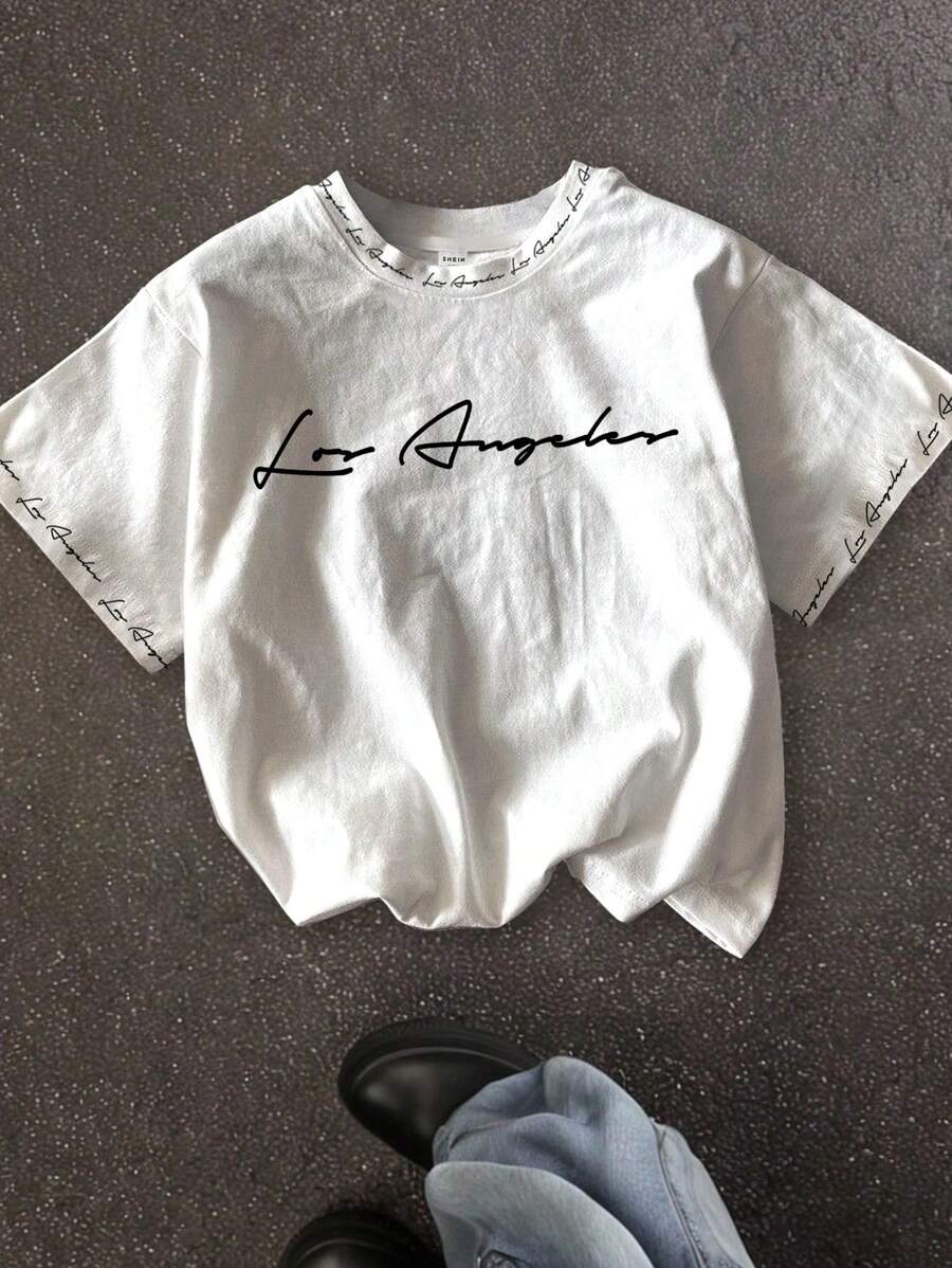 SHEIN Leap Crew Tween Boys' Casual Simple Letter Graphic Short Sleeve Round Neck T-Shirt, Suitable For Summer - White - View 1