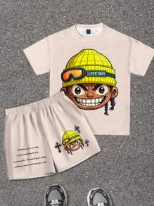 SHEIN Leap Crew 2pcs Casual Kids Tween Boys Cartoon Character & Letter Print Loose Fit Crew Neck Short Sleeve T-Shirt And Shorts 2 Pieces Set, Suitable For School, Garden, Beach, Birthday, Spring/Summer - Khaki - View 1