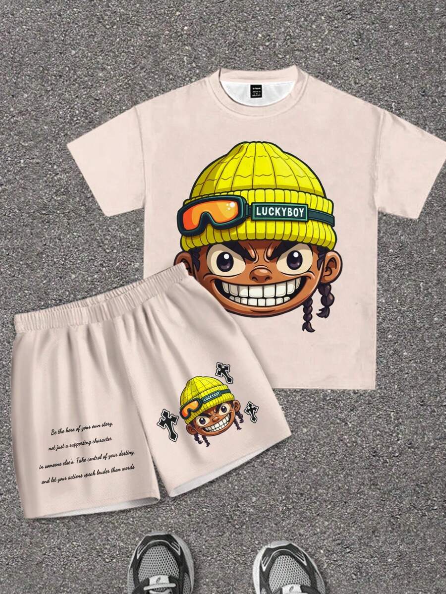 SHEIN Leap Crew 2pcs Casual Kids Tween Boys Cartoon Character & Letter Print Loose Fit Crew Neck Short Sleeve T-Shirt And Shorts 2 Pieces Set, Suitable For School, Garden, Beach, Birthday, Spring/Summer - Khaki - View 1