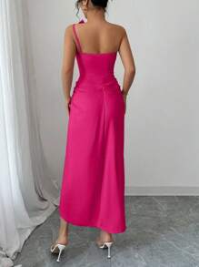 Elenzga 女士优雅花卉褶饰连衣裙，夏季新品 - 玫紅色 - 查看 2