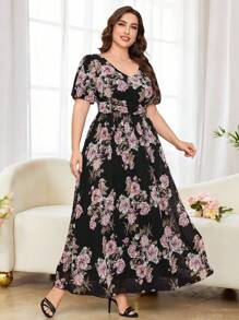 Modelyn Vestido midi de línea A con mangas abullonadas y estampado floral de gasa, talla grande, ajuste regular, primavera/verano - Multicolor - Ver 3
