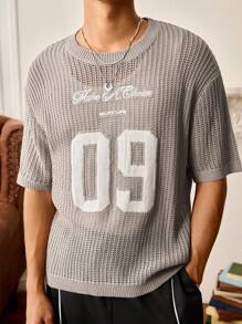 Manfinity VCAY Men's Summer Casual Letter & Number Pattern Hollow Knitted Short Sleeve Top - Khaki - View 3