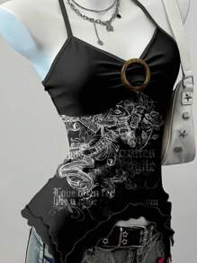 Attitoon Áo ba lỗ lưới in họa tiết hoa hồng và chữ Punk Grunge phong cách cổ điển dành cho nữ, Bohemian, phương Tây, Punk Rock, Y2K, Lễ hội âm nhạc, Boho, Bãi biển, Phong cách cô gái Miami mùa hè - Nhiều màu - Xem 5