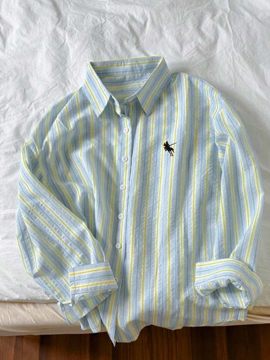 New Fashionable Loose Thin Stripe Embroidered Horse Pattern Casual Women Shirt, Lightweight Chic Sun Protection