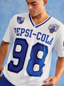 PEPSI X SHEIN 男士休闲V领字母印花短袖T恤，夏季 - 白色 - 查看 1