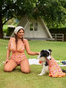 Swim Mod Plus Size 2pcs Floral Pattern Front Tie Neck Ruffle Hem Sweet Cute Women Tankini Bikini Set For Summer Beach Vacation