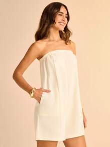 CAJUNI 女士白色半透明亚麻纹理无肩带连体裤，带口袋，休闲度假的理想之选。连体裤，女士连体裤，女士背带裤，纯色连体裤，白色女士连体裤，亚麻裤，女士亚麻裤。 - 白色 - 查看 3