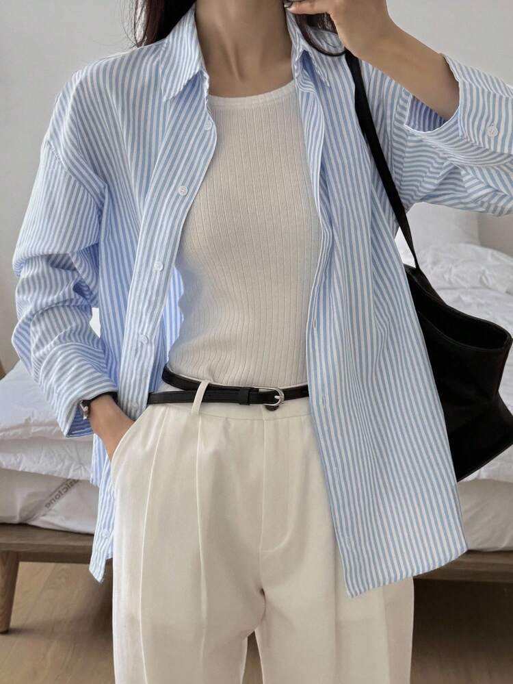 Fashionable Minimalist Versatile Long Sleeve Striped Shirt,Fall Women Clothes