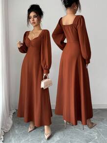 Elenzga 女士秋季优雅方领泡泡袖收腰长裙，适合日常通勤 - 棕色 - 查看 2