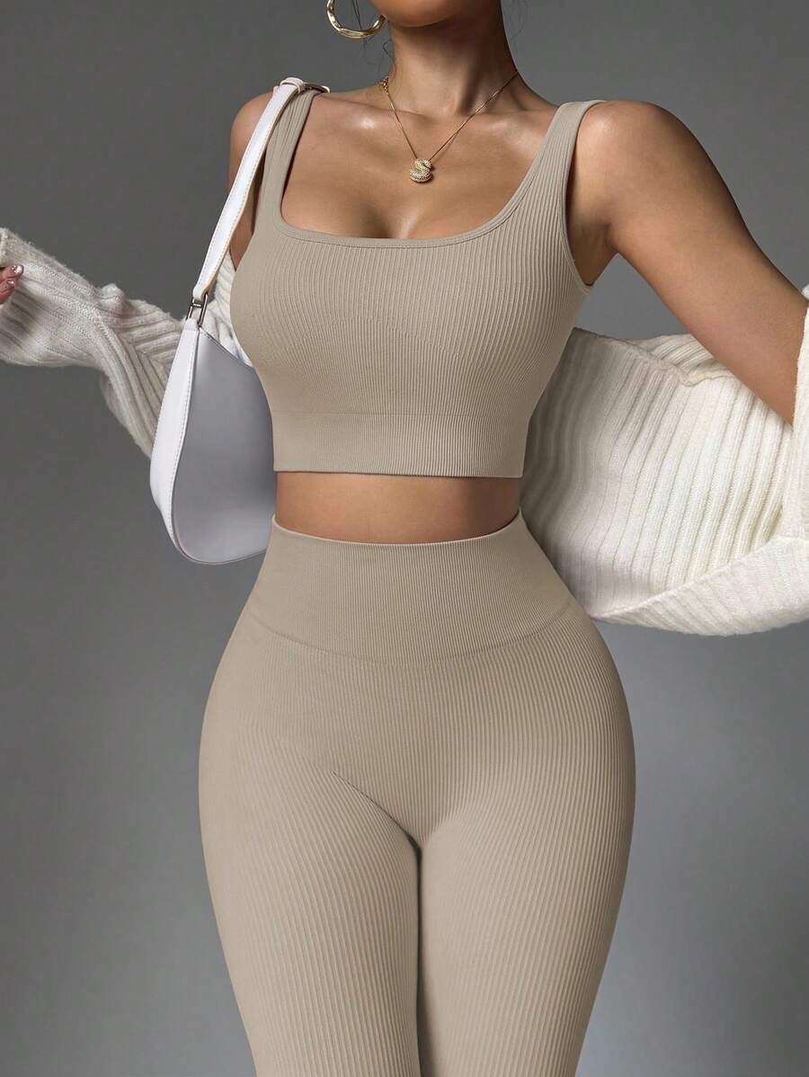 Slayform 2pcs Seamless High Stretch Yoga Set Tracksuit Gym Set Ribbed Tank Top Tummy Control Leggings Workout Women Set Gym Women Outfit - Khaki - View 1