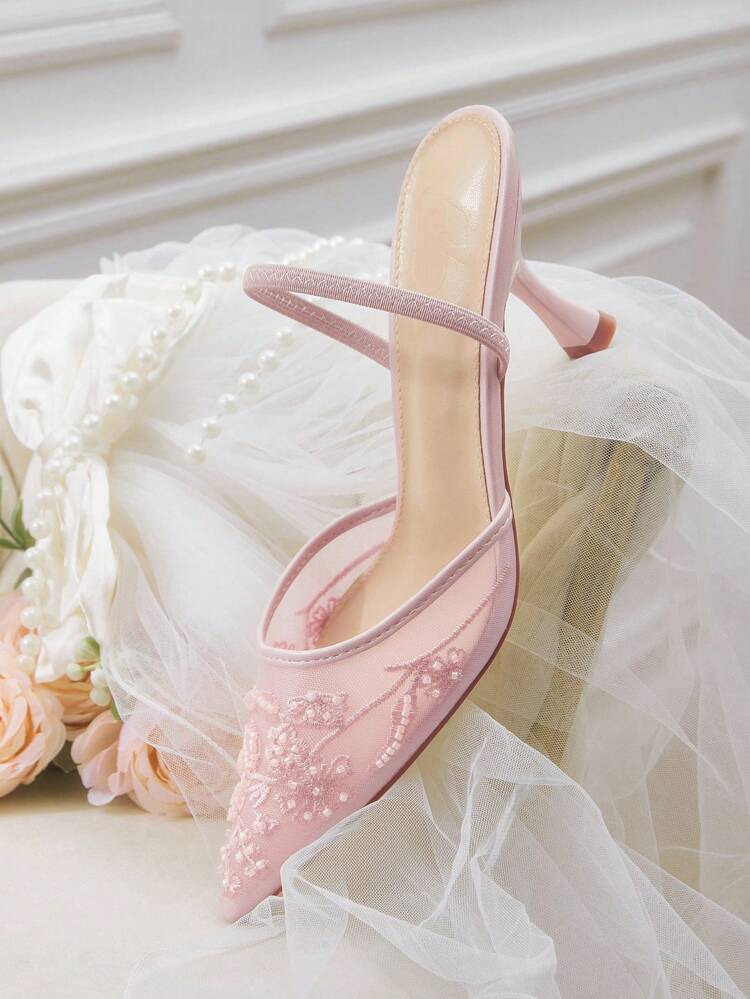 CUCCOO HITCHD Women's New Embroidered Lace Pointed Toe Elegant Champagne Mesh High Heels, Bridal Shoes For Romantic Date, Wedding, Banquet For Christmas Elegant Shoes Wedding Shoes Summer Shoes Bride Shoes