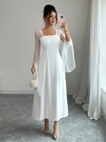 Rafferiza Elegant Summer Mesh & Sequin Splice White Dress White Dress With Sheer Sleeves - White - View 1