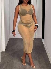 Slaydiva 2025春夏新款女装大型毕业派对/音乐节/约会/派对/CLUB/秋季/返校/开学服/Y2K/上班/办公/郊游服/机场服/街头风/朋克/颓废/都市度假修身卡其色亮丝面料圆领无袖高开叉吊带抽绳透视中长连衣裙-B