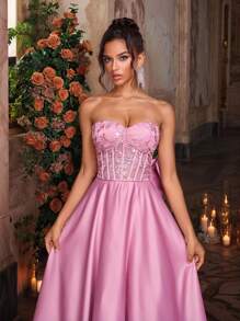 Glamrae Đầm xòe rộng, thanh lịch, ngọt ngào, không dây vai, chất liệu ren xuyên thấu đính cườm và thêu, cạp cao, ôm dáng, có dây buộc điều chỉnh được và nơ rời, thích hợp cho hẹn hò, kỳ nghỉ, sinh nhật, tiệc tùng, tốt nghiệp, dự đám cưới, dạ hội trang trọng, phong cách vintage, ngày Valentine. - Bụi hồng - Xem 3