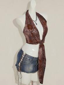 SHEIN ICON 女士性感花卉印花露背金属环吊带背心系带上衣秋季女装 - 咖啡棕 - 查看 6