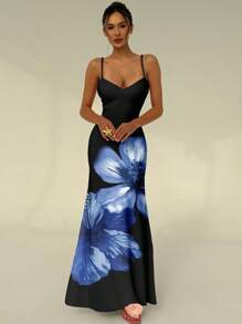 Aloruh 女式夏季度假可调节肩带紧身性感深色花卉印花吊带裙