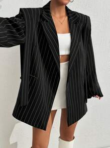 EURMUSE Women's Navy Striped Casual Blazer Jacket - Black - View 4