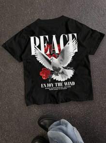 SHEIN Bolty 1pc Teen Boy's Street-Style Retro Red Rose And Peace English Pattern Black Knitted Loose T-Shirt, Suitable For Summer.Spring Wear; Teen Boys' Clothing; Teen Boy' Jackets, Spring Back To School - Black - View 1