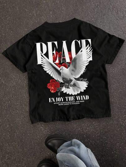 SHEIN 1pc Teen Boy's Street-Style Retro Red Rose And Peace English Pattern Black Knitted Loose T-Shirt, Suitable For Summer.Spring Wear; Teen Boys' Clothing; Teen Boy' Jackets, Spring Back To School