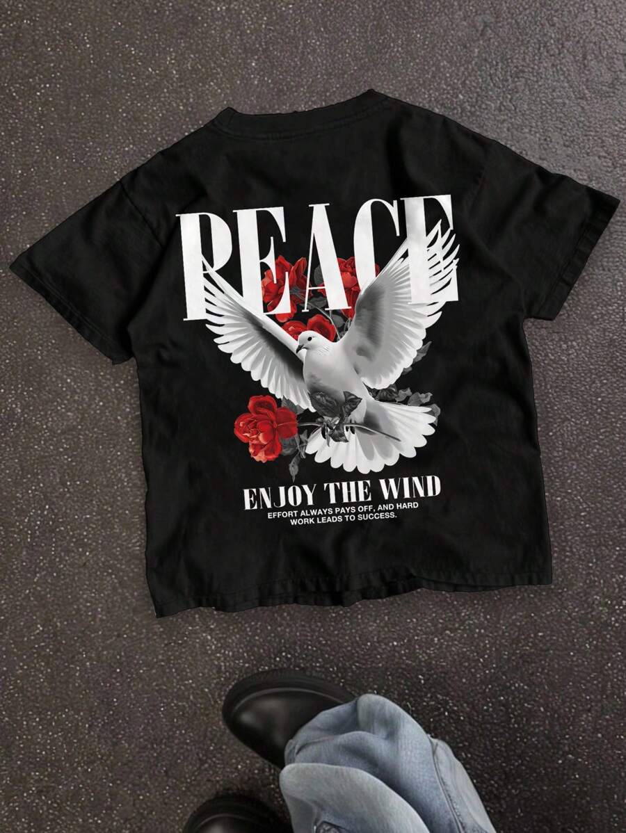 SHEIN Bolty 1pc Teen Boy's Street-Style Retro Red Rose And Peace English Pattern Black Knitted Loose T-Shirt, Suitable For Summer.Spring Wear; Teen Boys' Clothing; Teen Boy' Jackets, Spring Back To School - Black - View 1